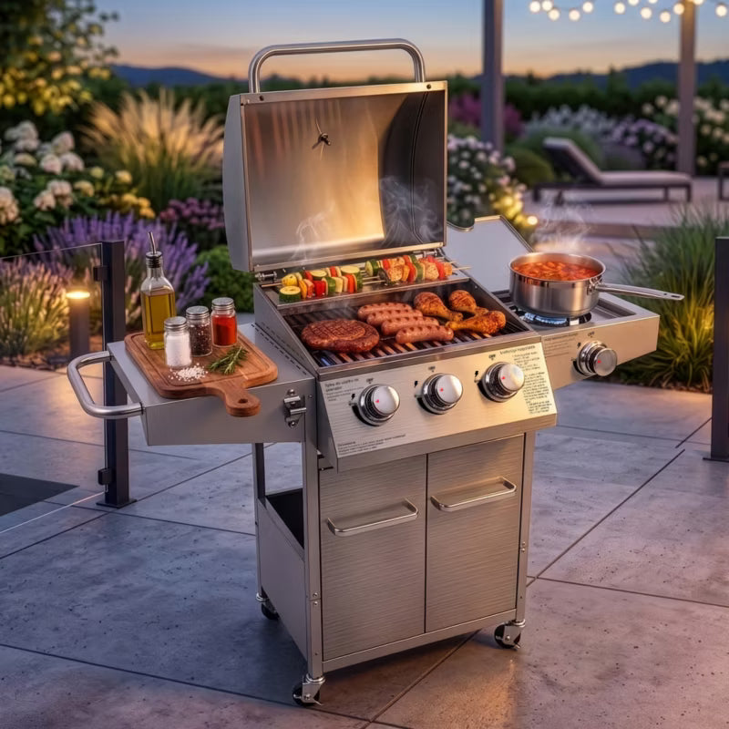 Gasgrill NL002 3+1 Brændere Rustfrit Stål med Støbejernsrist