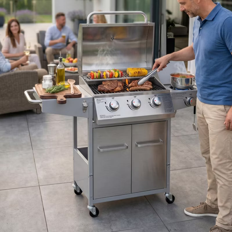 Gasgrill NL002 3+1 Brændere Rustfrit Stål med Støbejernsrist