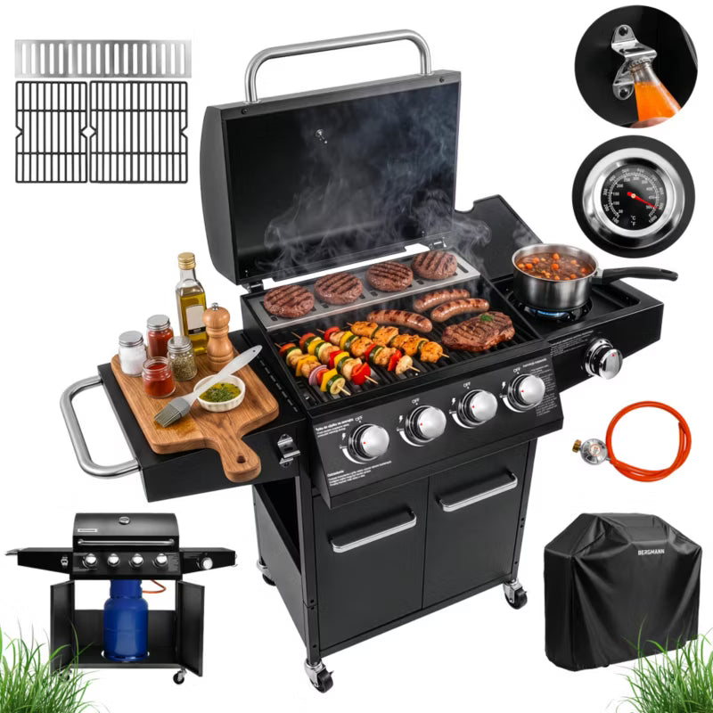 Gasgrill NL003 4+1 Brændere Støbejernsrist Sort