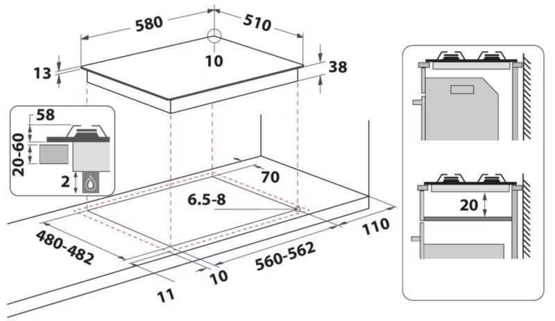 Gaskogeplade TGML661IX 58x51 cm Rustfrit Stål