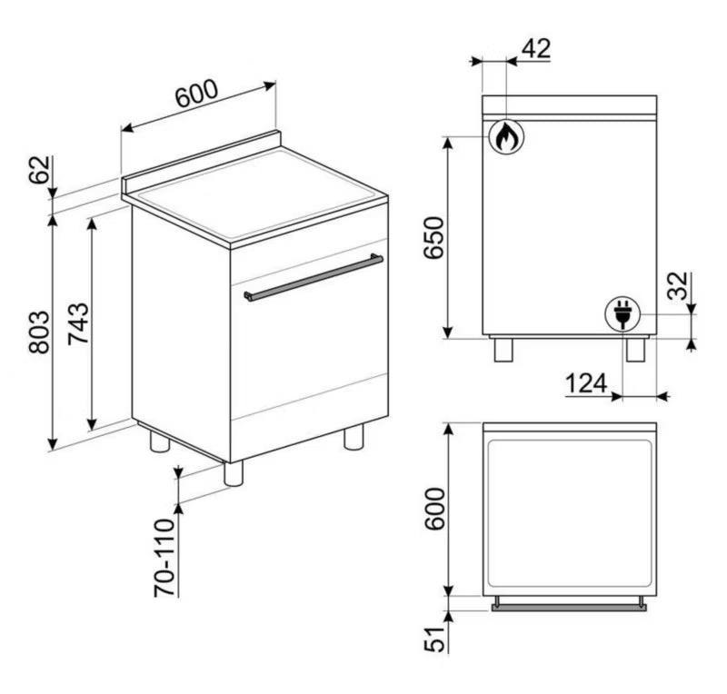 Gaskomfur C6GMX2 60 cm Rustfrit Stål