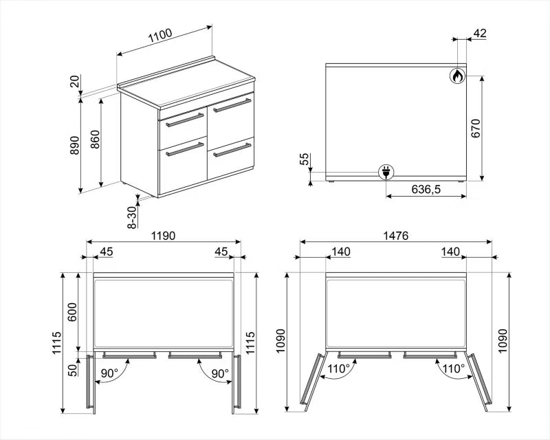 Gaskomfur CX113GMBL 110 cm Sort med 6 Blus
