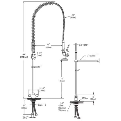 Gastronomisk Forvaskearmatur 116 cm med Spulebruser