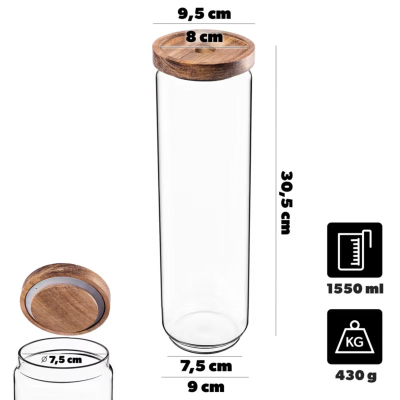 Glasbeholder med Trælåg 1550 ml 3 Stk.