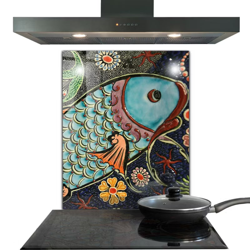 Glasstænkplade Fisk Mosaik 60x80 cm Blå