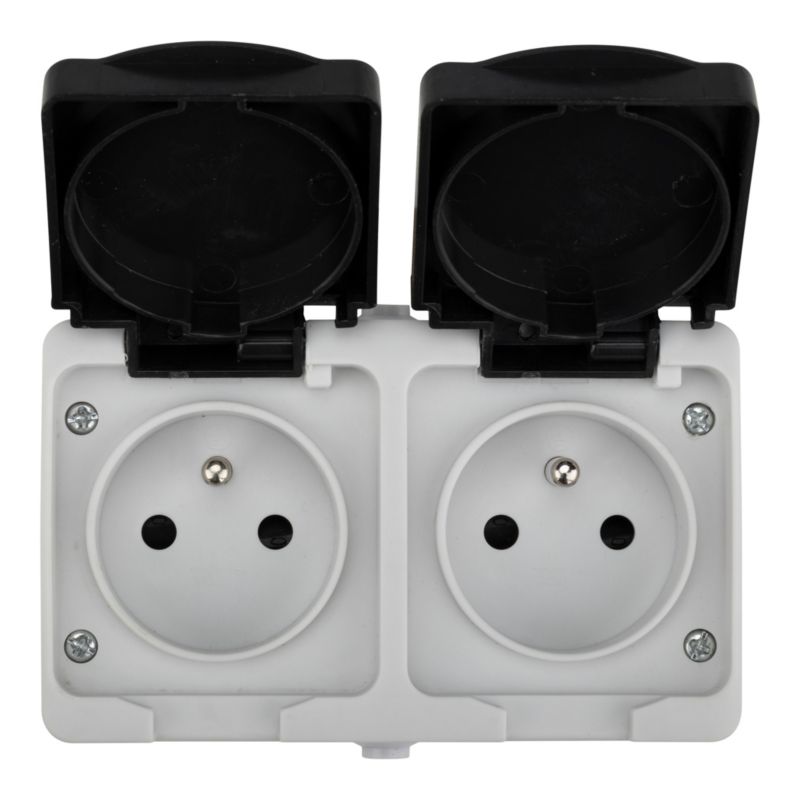 Jacobsen dobbelte udendørsstik IP54 med jord, overflademonteret