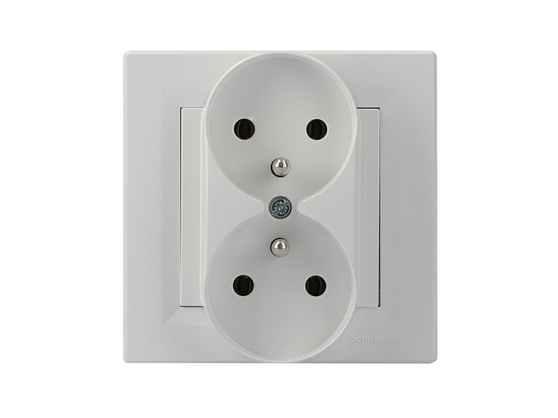Dobbelt indbygget Schneider Electric Asfora-stik med jordforbindelse til ramme, hvid