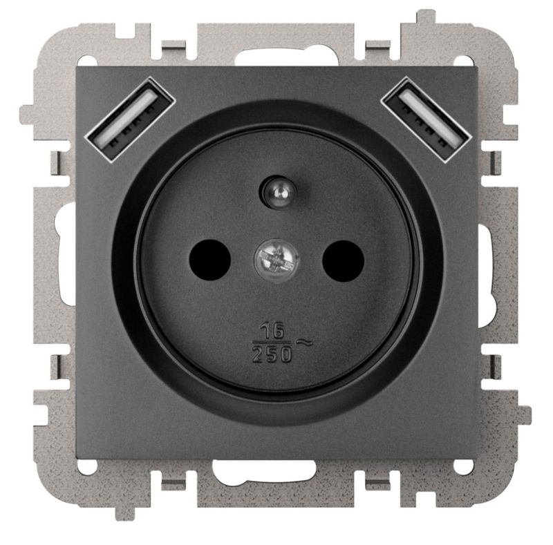 Elektro-Plast Vestra enkeltstik med jord og 2 x USB, sort