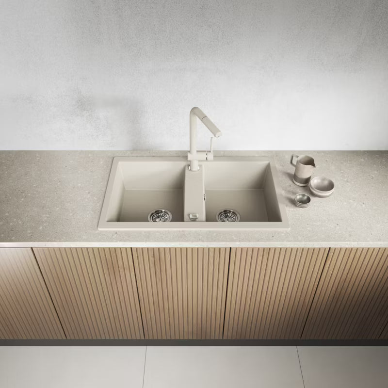Granitvask 2-Kammer 48x78 cm Beige med Vandlås