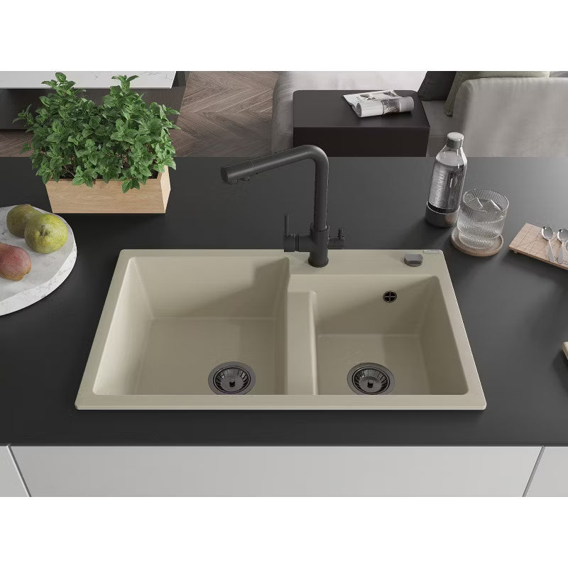 Granitvask 2-Kammer 80x50 cm Beige med Armatur Sort