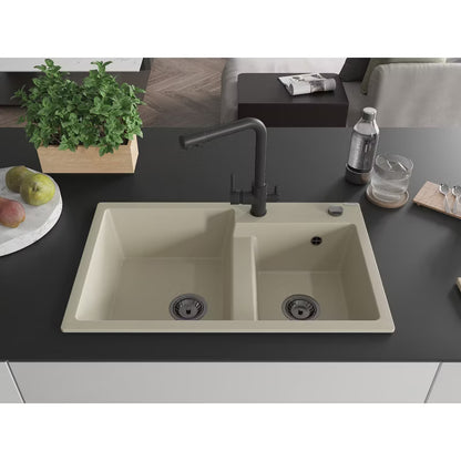 Granitvask 2-Kammer 80x50 cm Beige med Armatur Sort