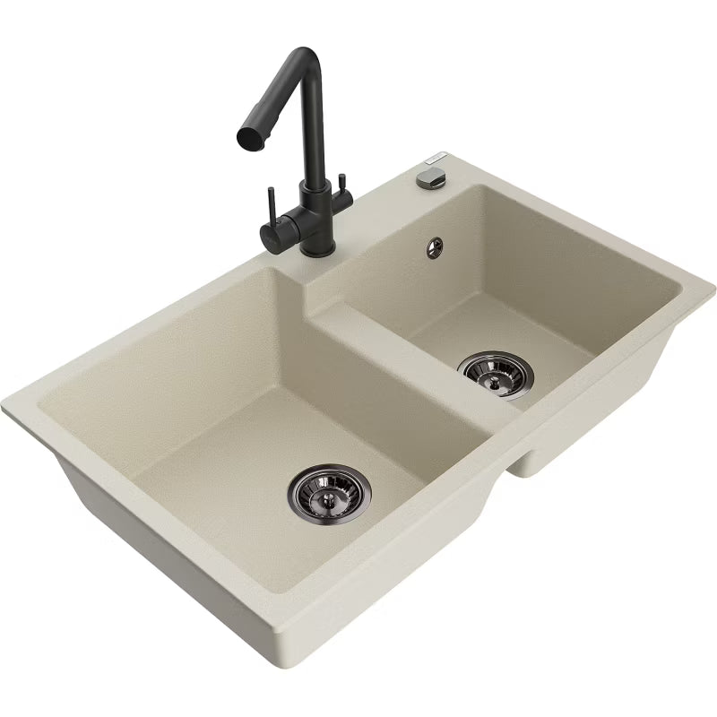 Granitvask 2-Kammer 80x50 cm Beige med Armatur Sort