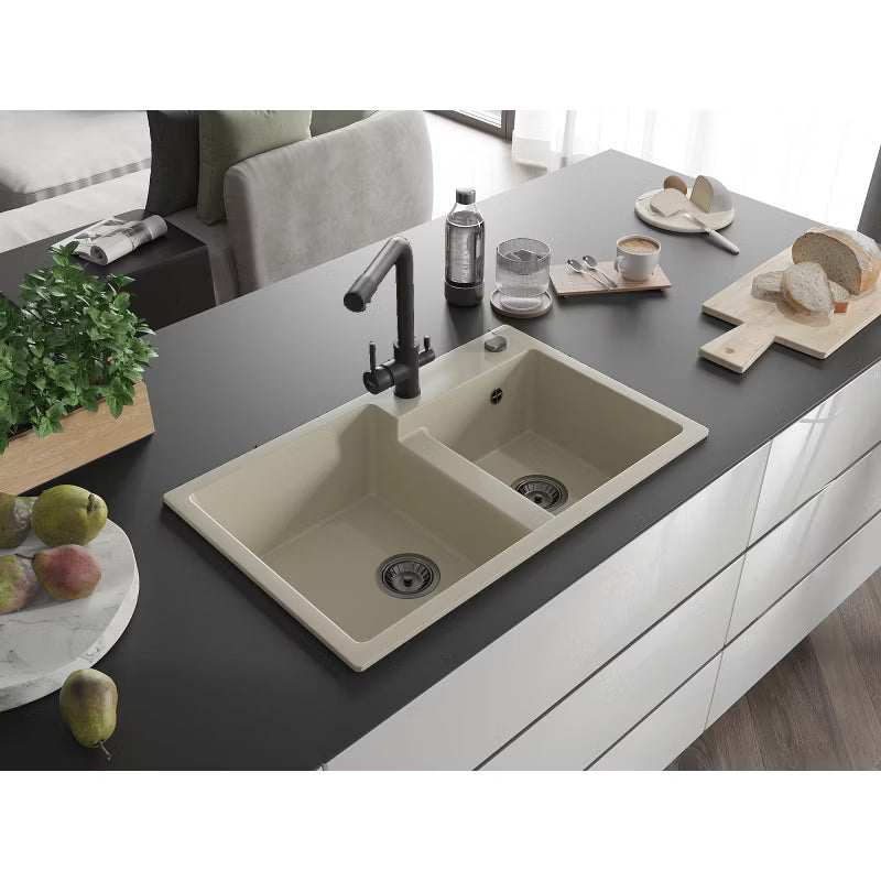 Granitvask 2-Kammer 80x50 cm Beige med Armatur Sort