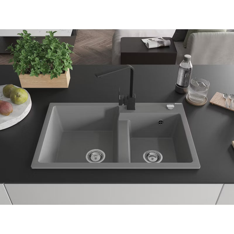 Granitvask 2-Kammer 80x50 cm Grå med Armatur
