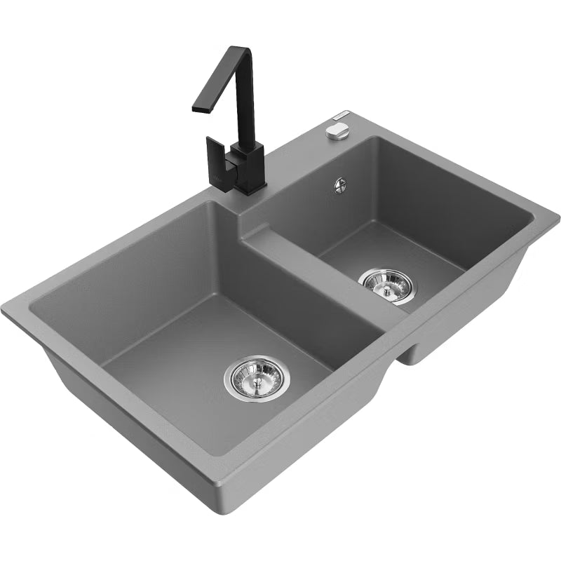 Granitvask 2-Kammer 80x50 cm Grå med Armatur
