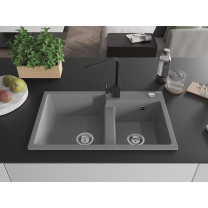 Granitvask 2-Kammer 80x50 cm Grå med Armatur