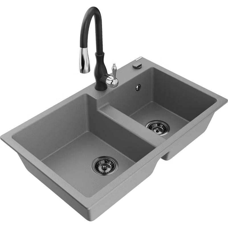 Granitvask 2-Kammer 80x50 cm Grå med Armatur