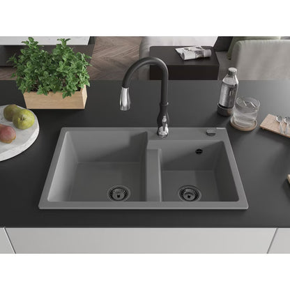 Granitvask 2-Kammer 80x50 cm Grå med Armatur