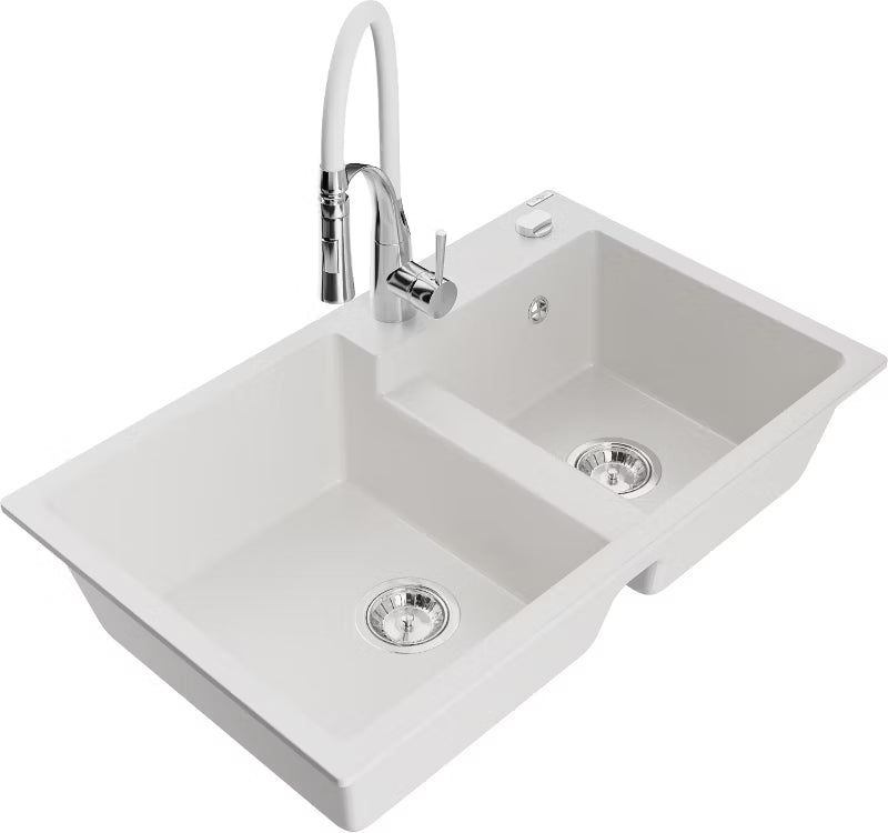 Granitvask 2-Kammer 80x50 cm Hvid med Armatur
