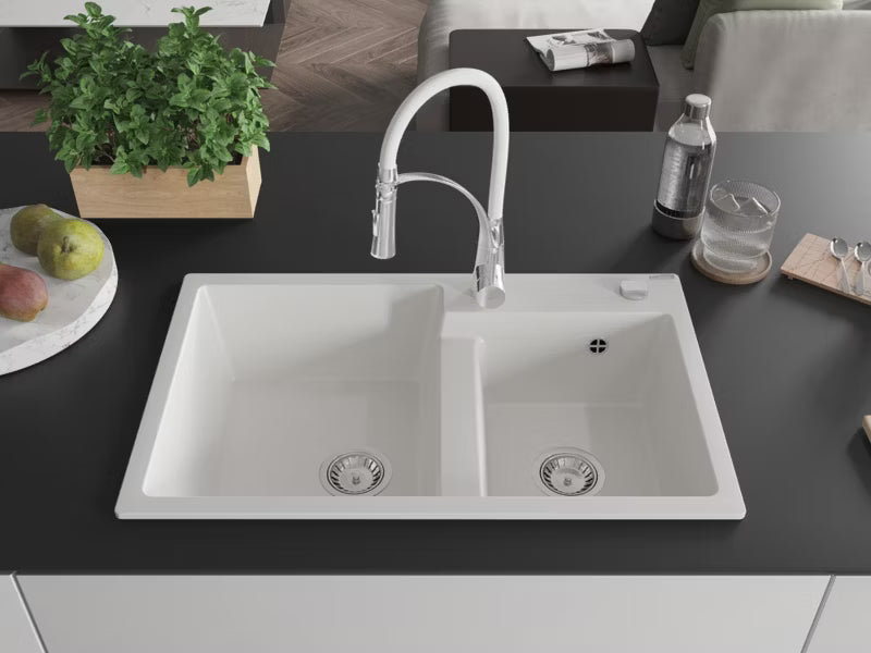 Granitvask 2-Kammer 80x50 cm Hvid med Armatur