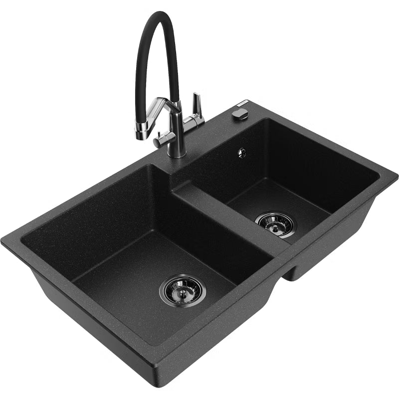 Granitvask 2-Kammer 80x50 cm Sort med Armatur Duo