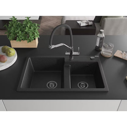 Granitvask 2-Kammer 80x50 cm Sort med Armatur Duo