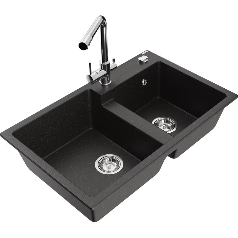Granitvask 2-Kammer 80x50 cm Sort Guld