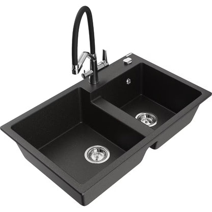 Granitvask 2-Kammer 80x50 cm Sort Guld Metalik med Armatur