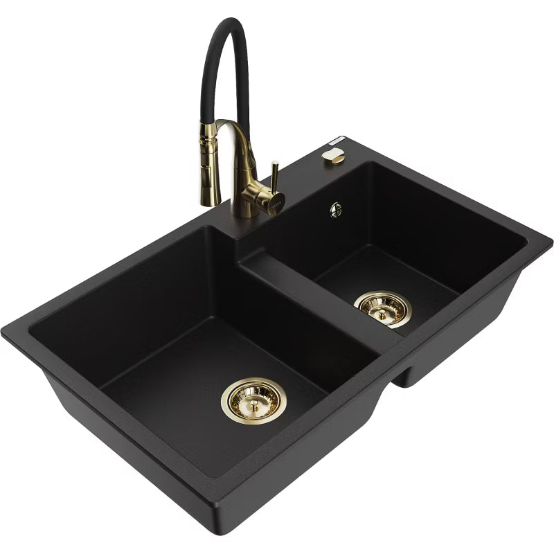 Granitvask 2-Kammer 80x50 cm Sort med Armatur