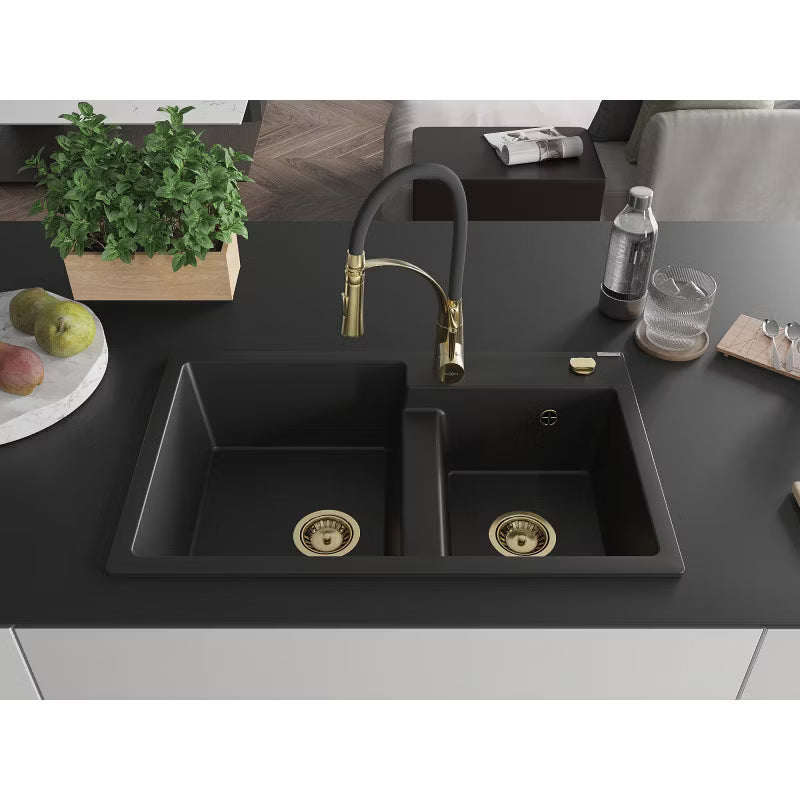 Granitvask 2-Kammer 80x50 cm Sort med Armatur