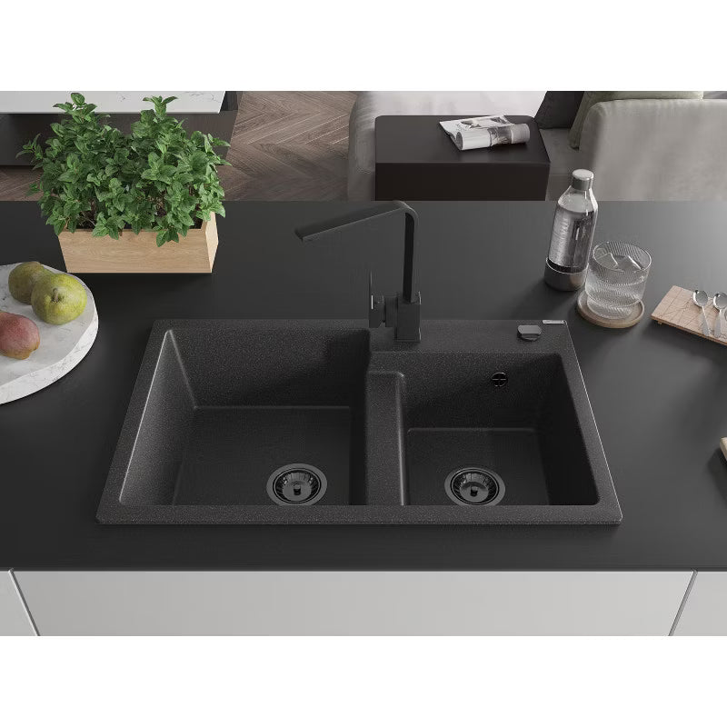 Granitvask 2-Kammer 80x50 cm Sort med Armatur