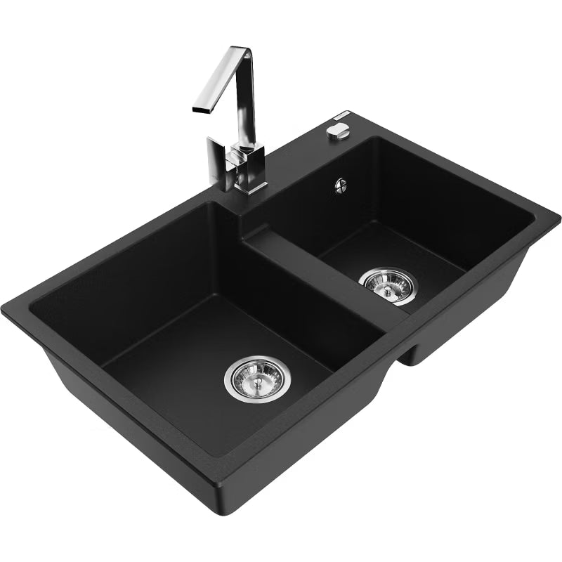 Granitvask 2-Kammer 80x50 cm Sort med Armatur