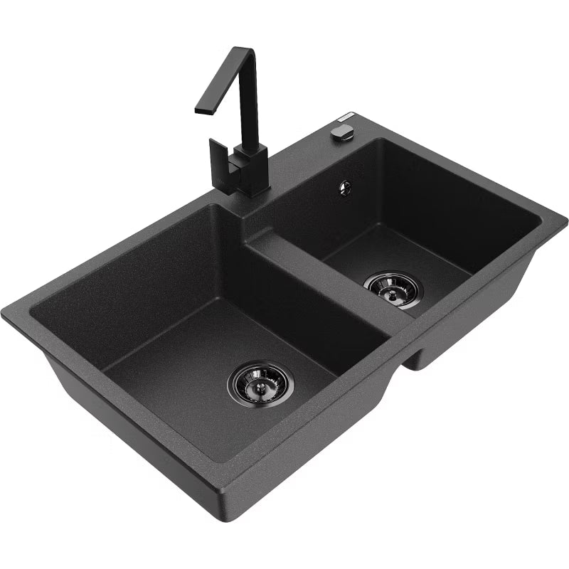Granitvask 2-Kammer 80x50 cm Sort med Armatur