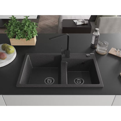 Granitvask 2-Kammer 80x50 cm Sort med Armatur
