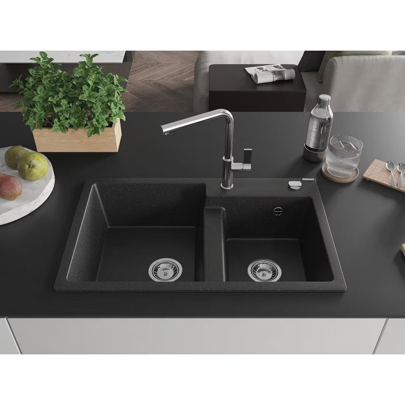 Granitvask 2-Kammer 80x50 cm Sort Metalik med Armatur