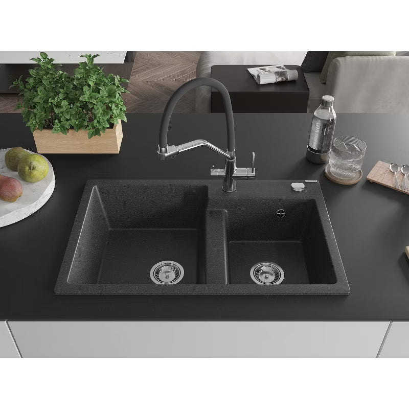 Granitvask 2-Kammer 80x50 cm Sort Spættet med Armatur