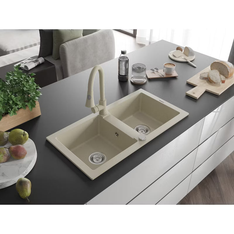 Granitvask 2-Kammer 82x43,6 cm Beige med Armatur