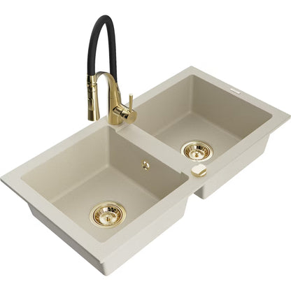 Granitvask 2-Kammer 82x43,6 cm Beige med Armatur