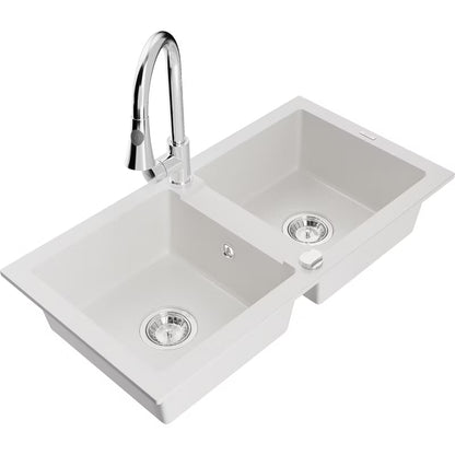 Granitvask 2-Kammer 82x43,6 cm Hvid med Armatur
