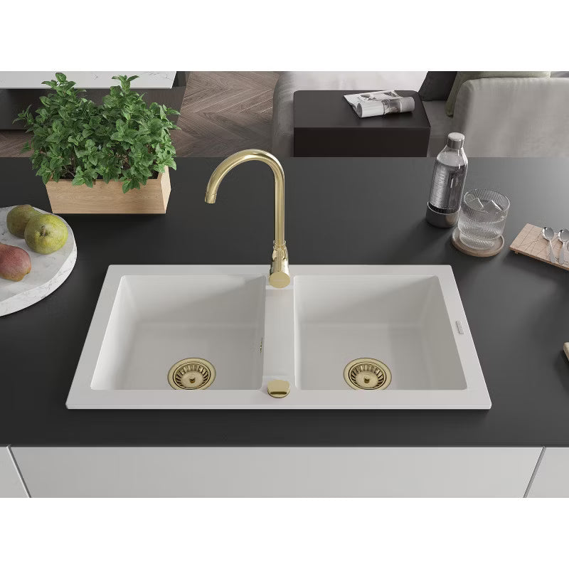 Granitvask 2-Kammer 82x43,6 cm Hvid med Armatur