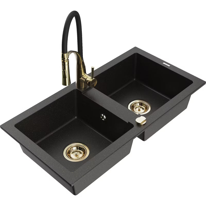 Granitvask 2-Kammer 82x43,6 cm Sort med Armatur Guld