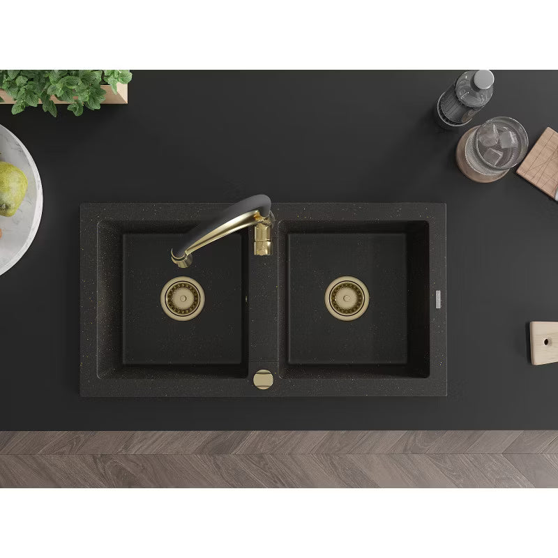 Granitvask 2-Kammer 82x43,6 cm Sort med Armatur Guld