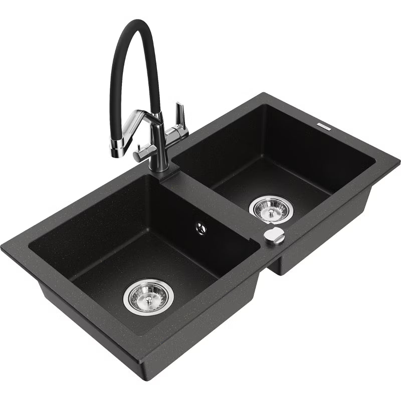 Granitvask 2-Kammer 82x43,6 cm Sort Guld Metalik med Armatur