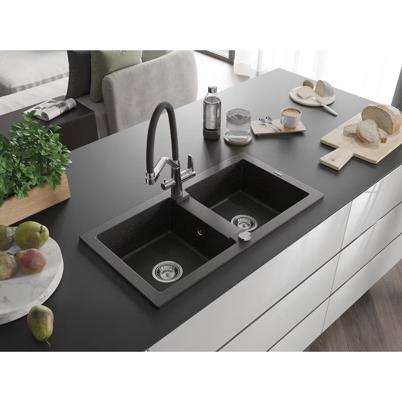 Granitvask 2-Kammer 82x43,6 cm Sort Guld Metalik med Armatur