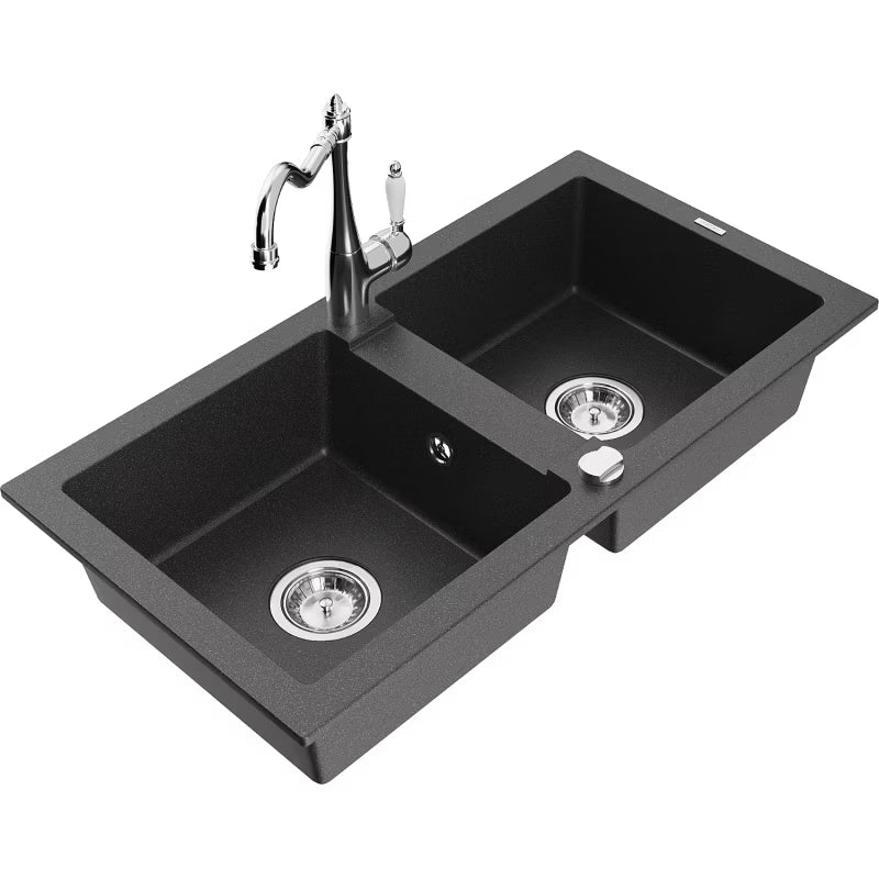Granitvask 2-Kammer 82x43,6 cm Sort med Armatur