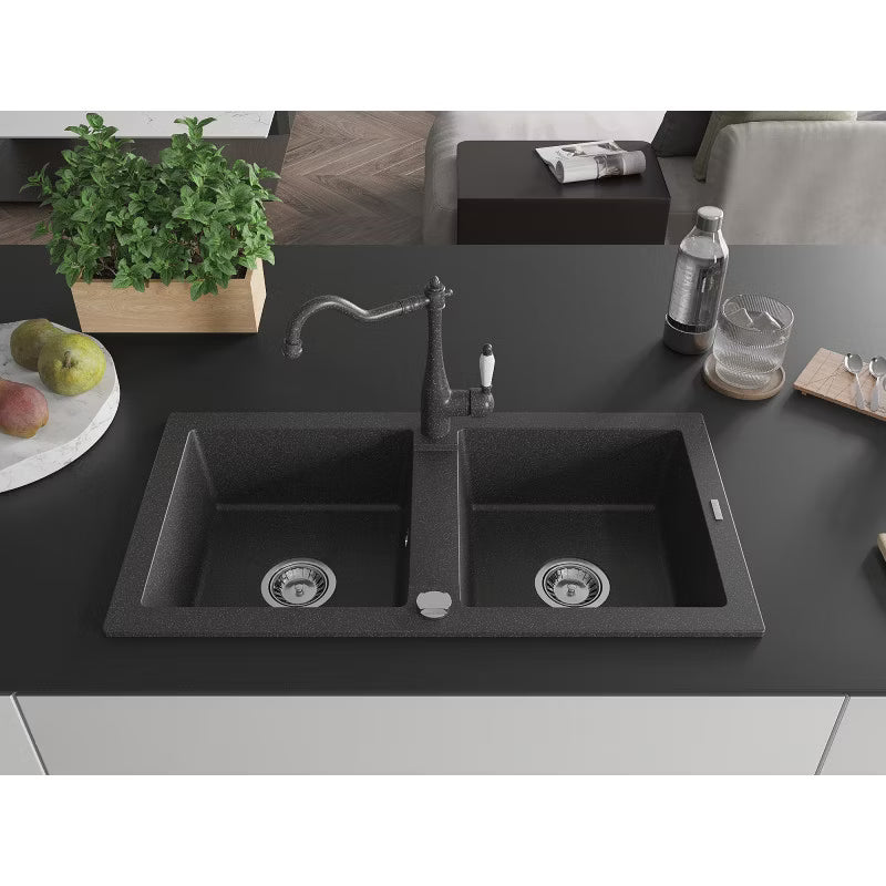 Granitvask 2-Kammer 82x43,6 cm Sort med Armatur