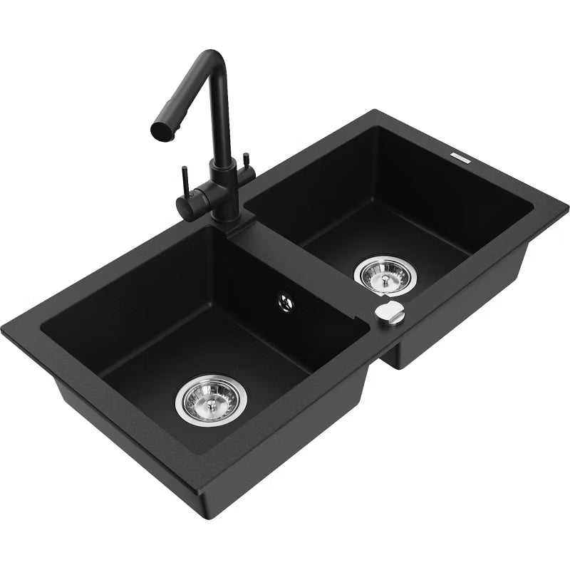 Granitvask 2-Kammer 82x43,6 cm Sort med Armatur