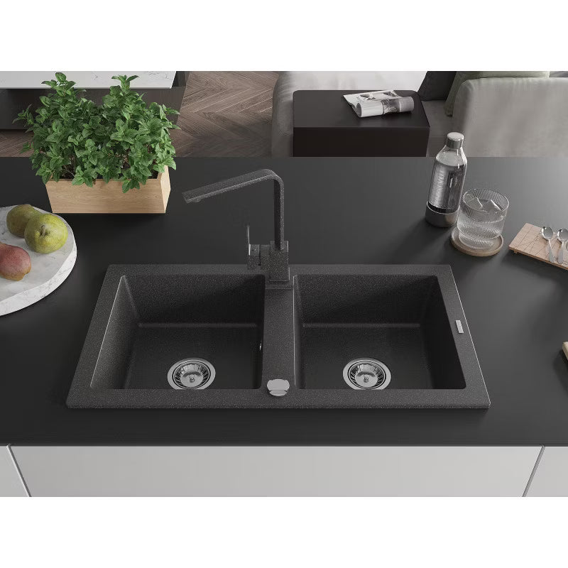 Granitvask 2-Kammer 82x43,6 cm Sort med Armatur