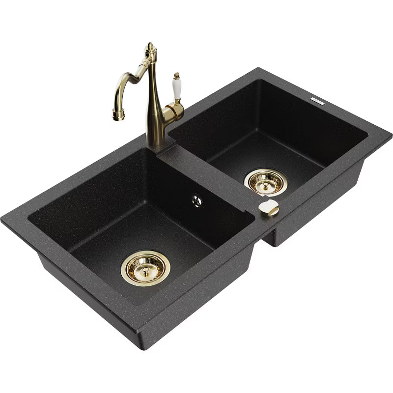 Granitvask 2-Kammer 82x43,6 cm Sort Metalik med Armatur