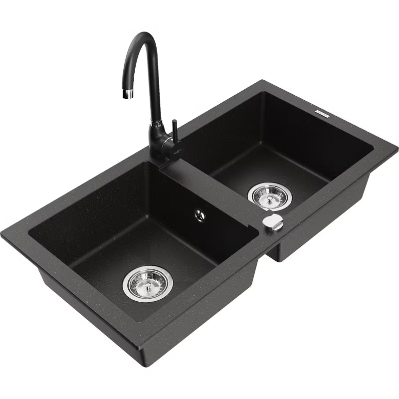 Granitvask 2-Kammer 82x44 cm Sort med Armatur